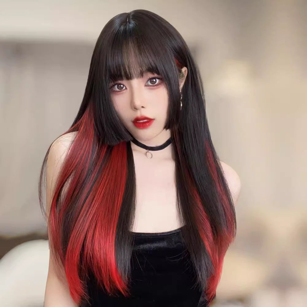 Long straight hair with black and red highlights A41189