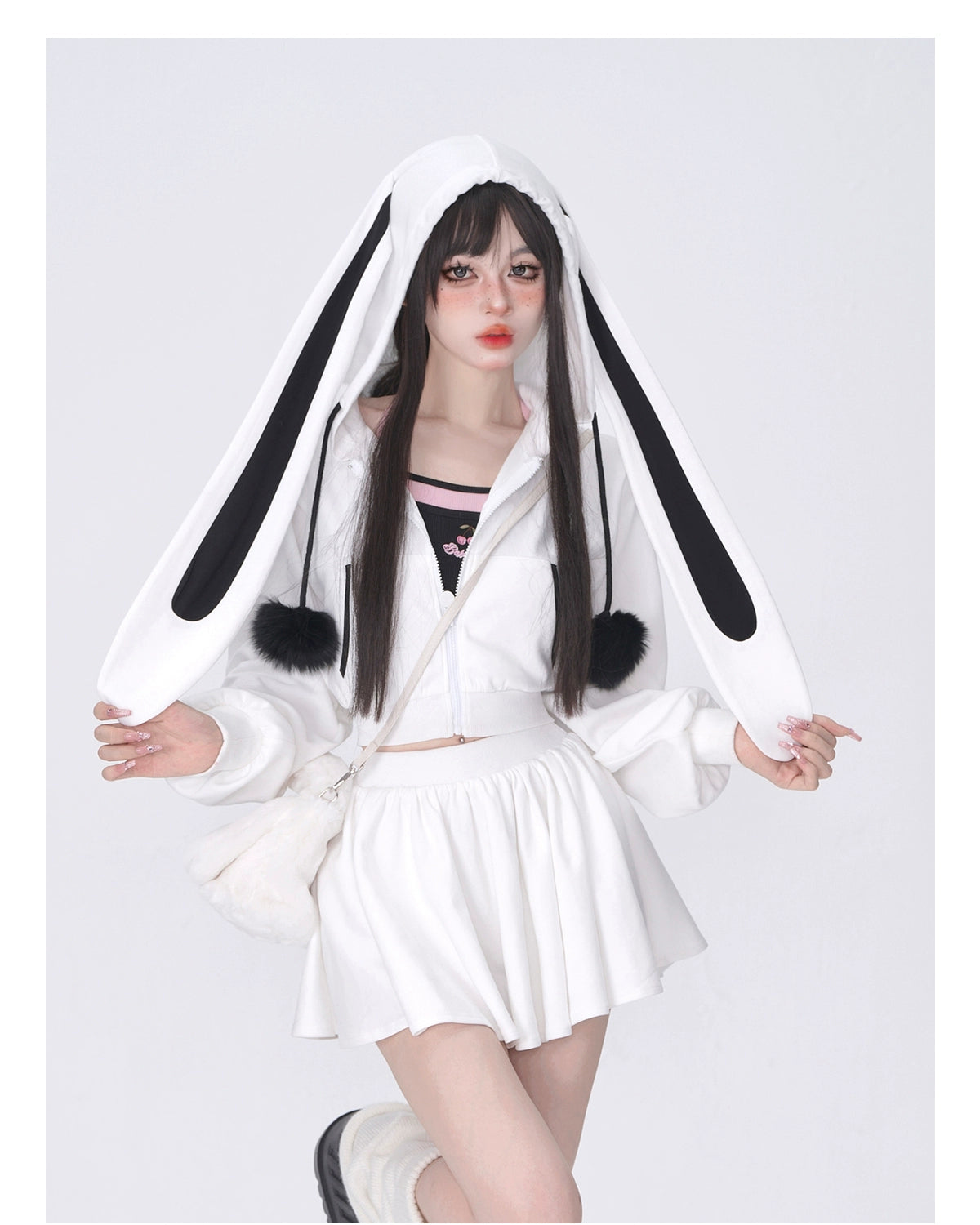 Rabbit ears hooded cardigan + skirt A40908