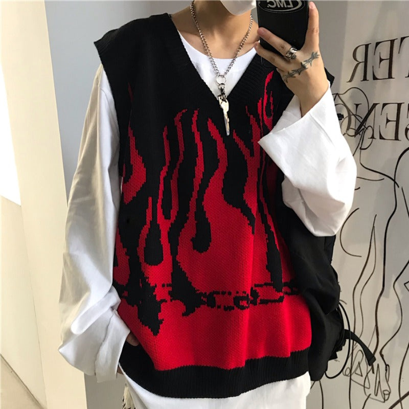 Contrast color flame knitted vest A40904