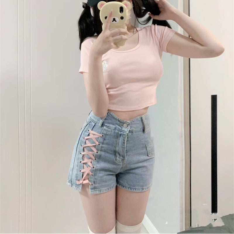 Lace-up bow girl denim shorts A40874
