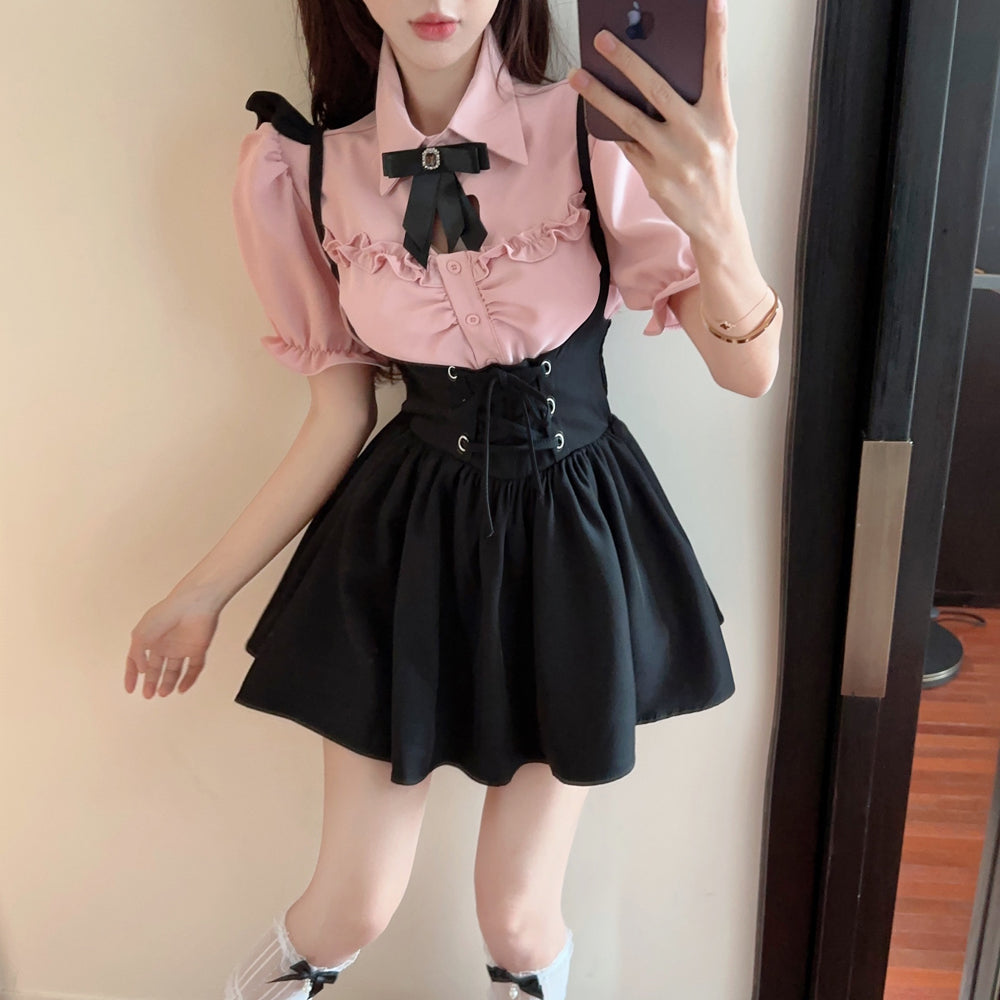 Pink bow shirt + skirt A40711