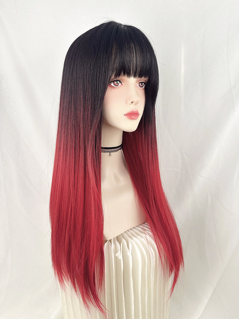 Black Gradient Raspberry Red Long Straight Hair A40555