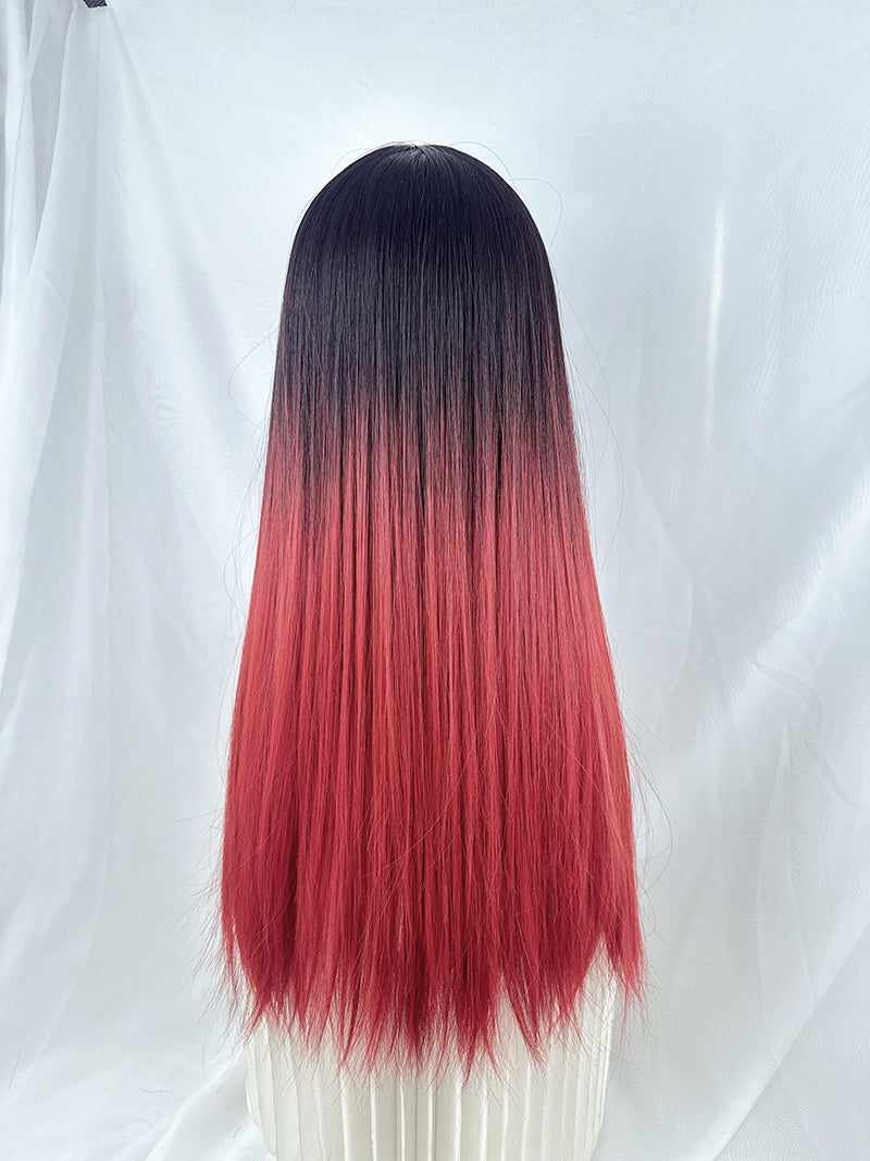 Black Gradient Raspberry Red Long Straight Hair A40555