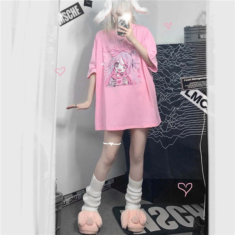 Pink cute girl print T-shirt A20699