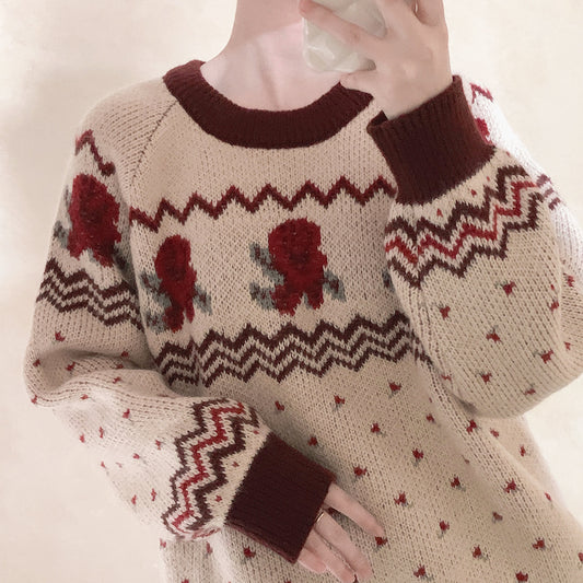 jacquard rose knitted sweater A40090