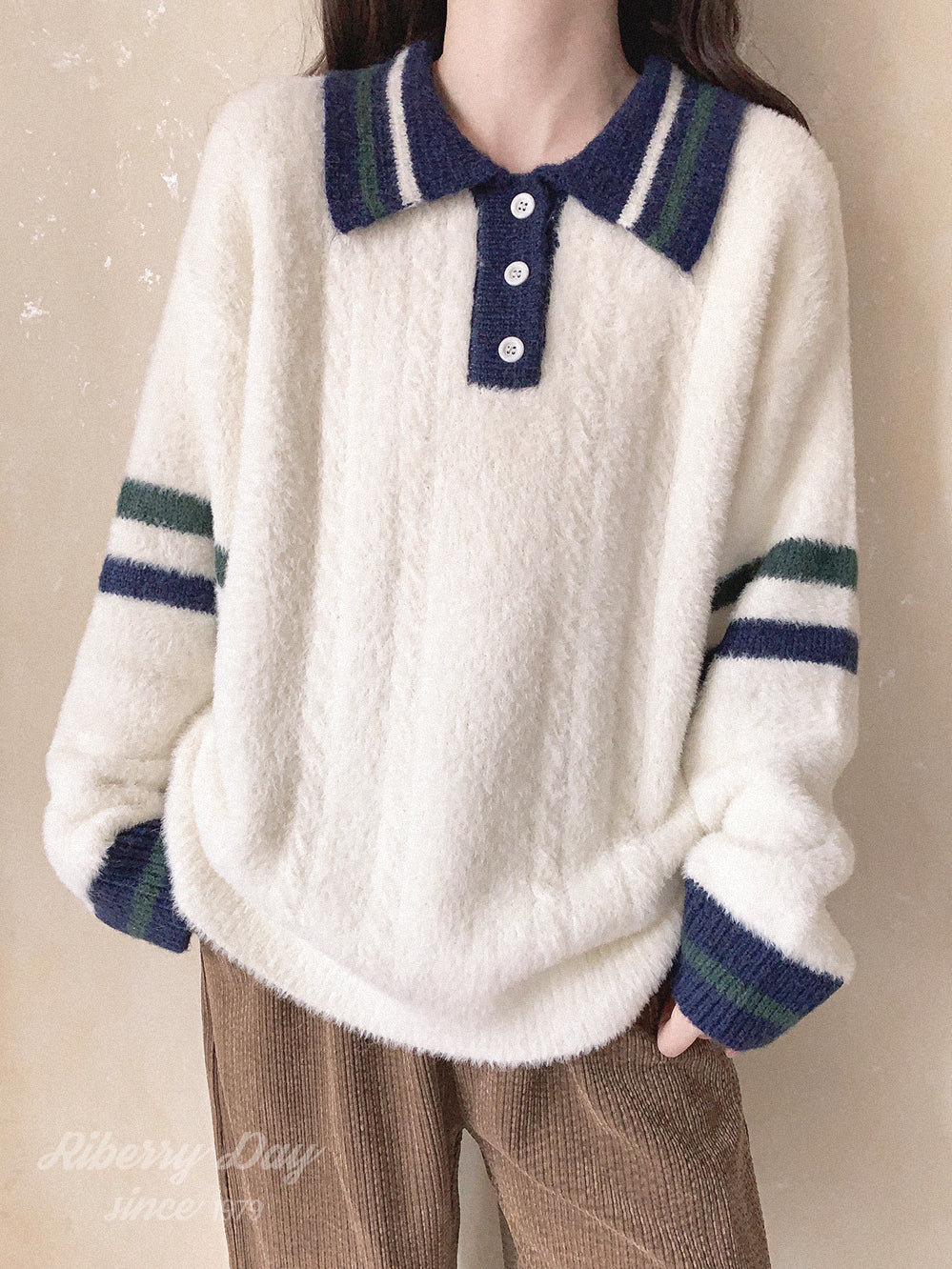 POLO collar striped sweater A40460