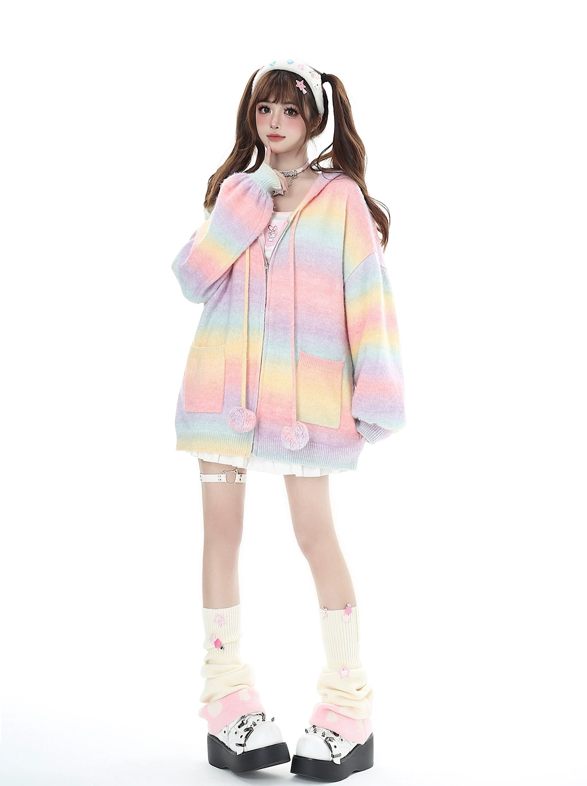 Dopamine bunny ears hooded knitted cardigan A41130