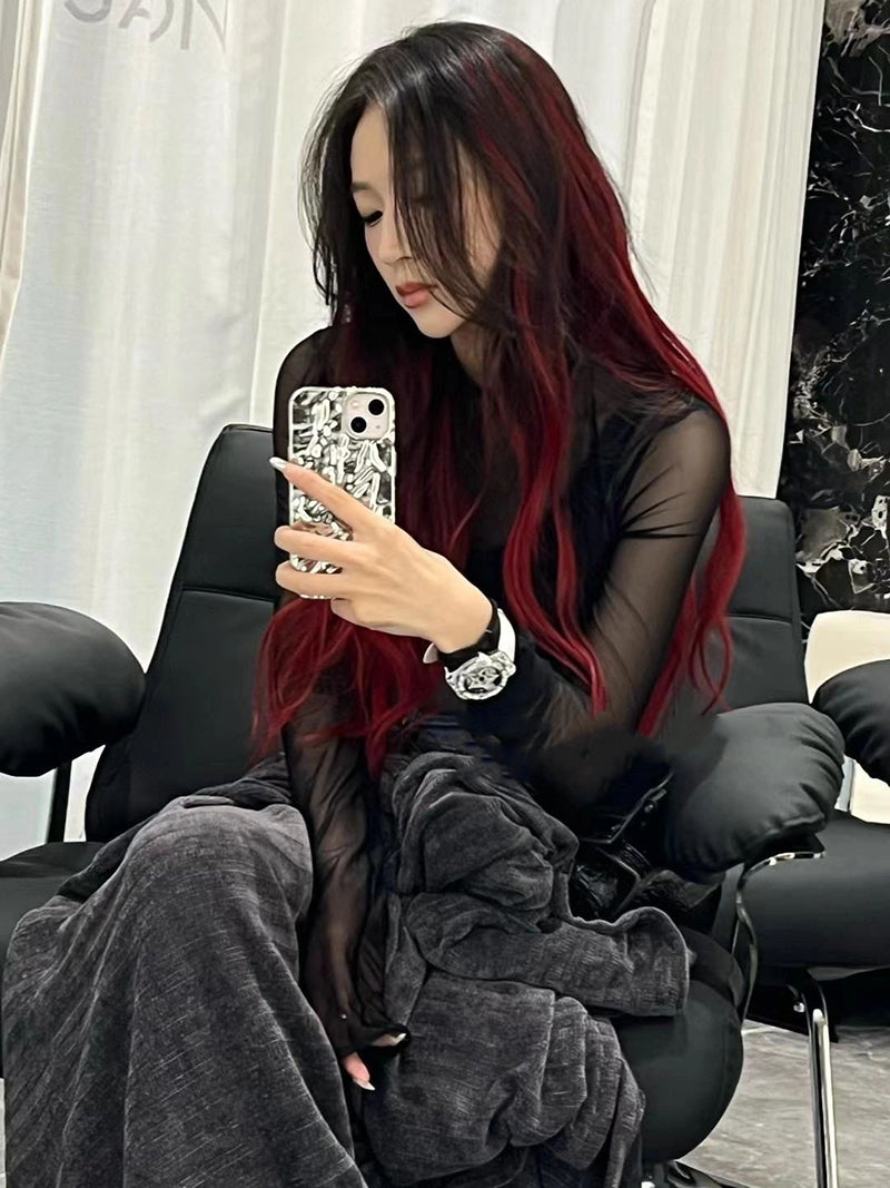 Black Gradient Mera Red Highlight Wig A40189
