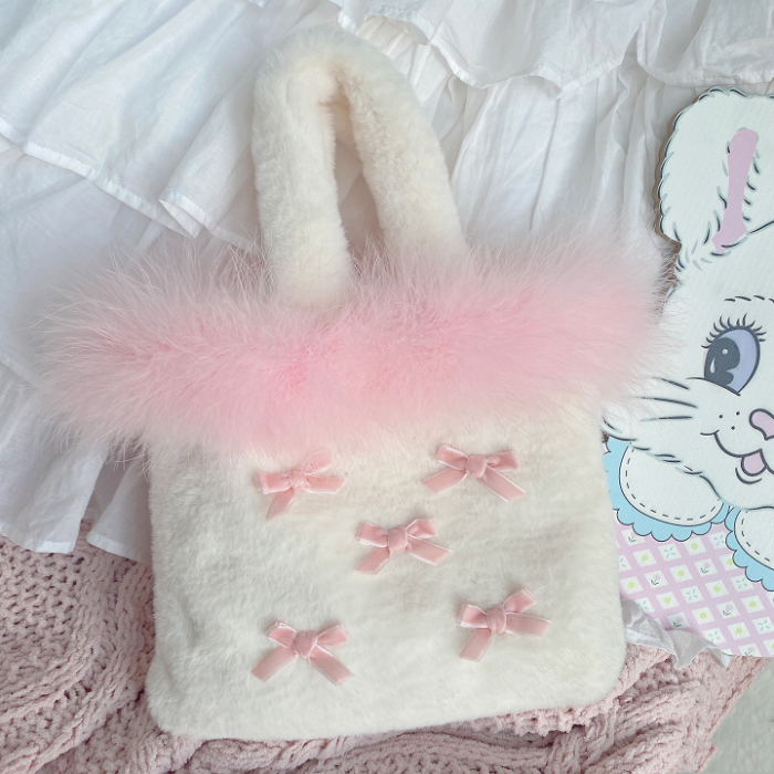 Sweet bow pink plush handbag A30555