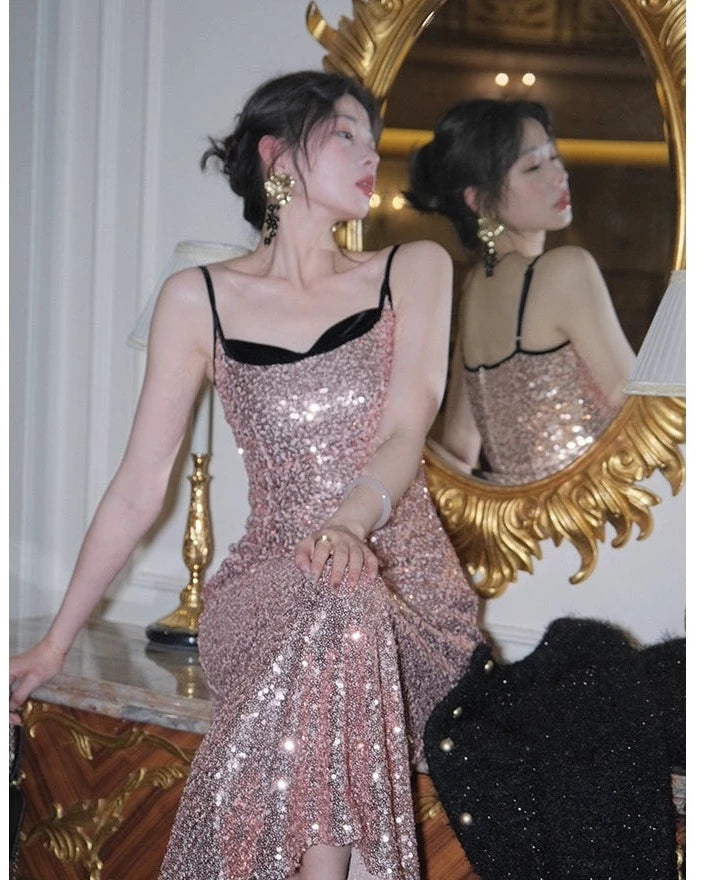 [Magnificent Dinner] Sequined suspender dress A41381