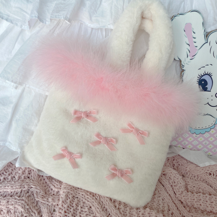 Sweet bow pink plush handbag A30555