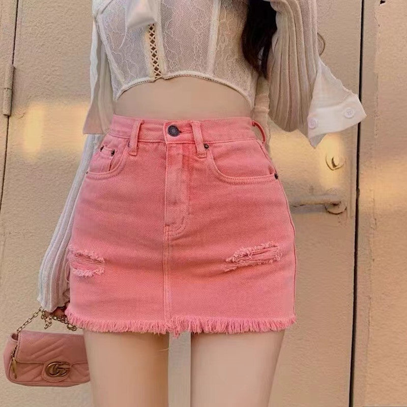 Hot Girl Pink Denim Skirt A30750
