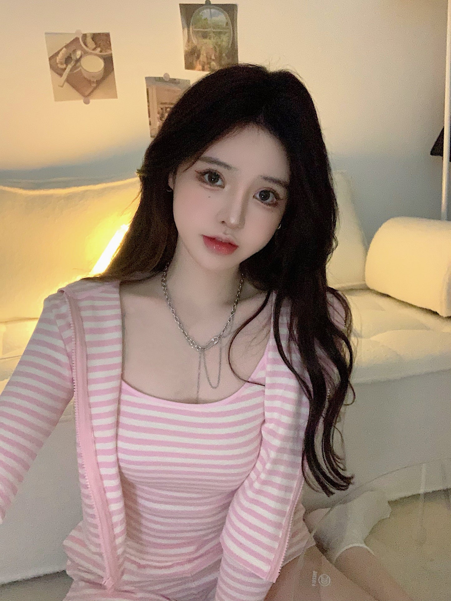 Pink cute striped T-shirt A40501