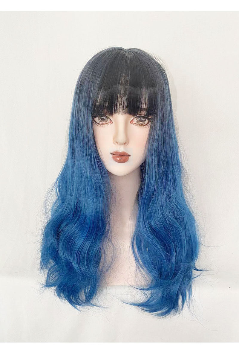Blue and black gradient long curly hair A40035